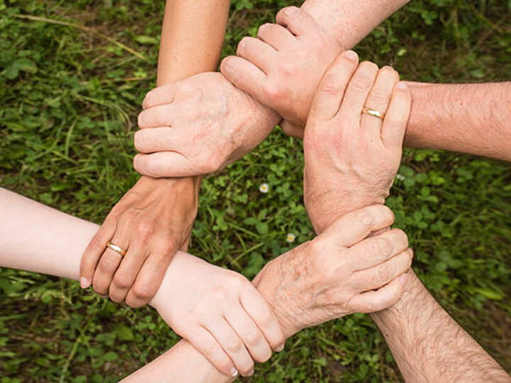 Group of interlocked hands.