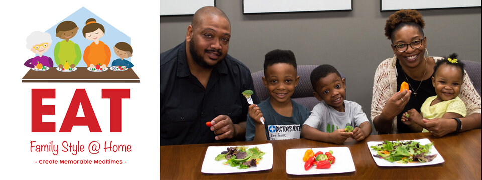 Eat at Home Family Style Header - Family eating meal at table.