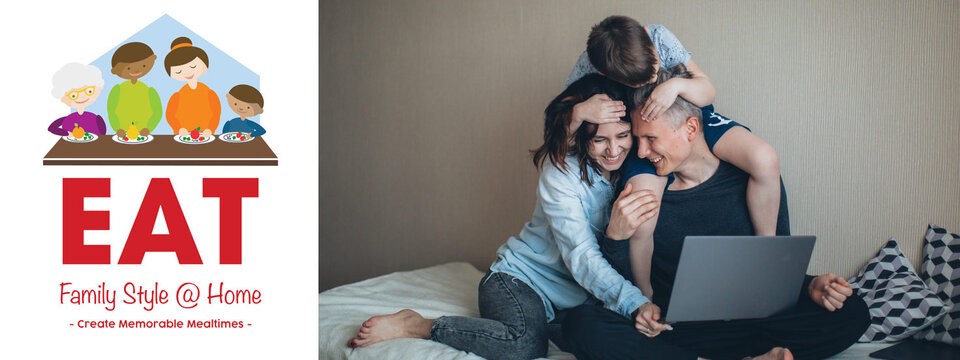 Couple with child on bed hugging.